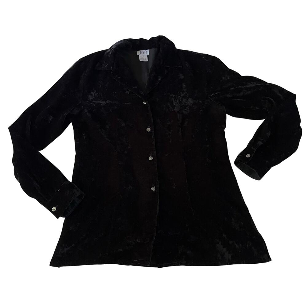 Vtg Y2K 2000s Black Velvet Button Up Shrt Wmns Sz 6 Whimsygoth Fairy Grunge